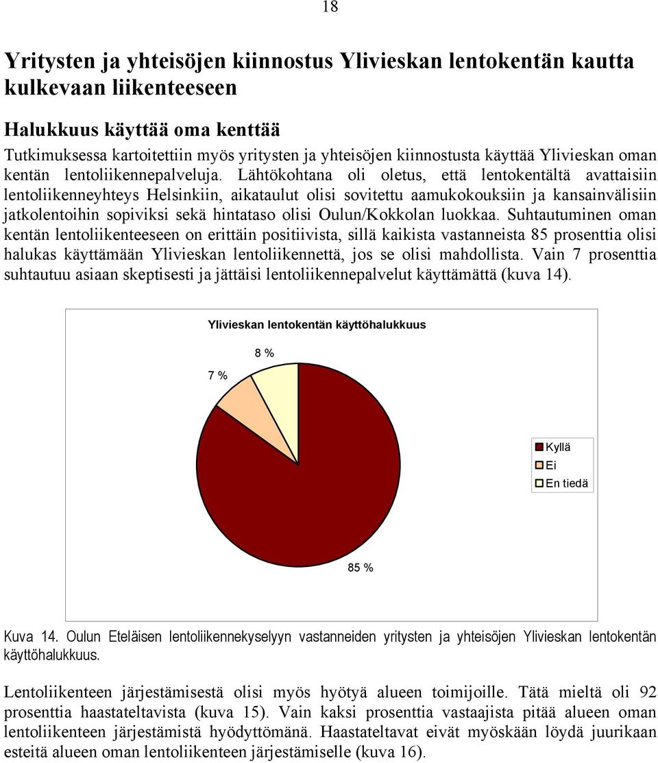 Lähtökohtana oli oletus, että lentokentältä avattaisiin lentoliikenneyhteys Helsinkiin, aikataulut olisi sovitettu aamukokouksiin ja kansainvälisiin jatkolentoihin sopiviksi sekä hintataso olisi