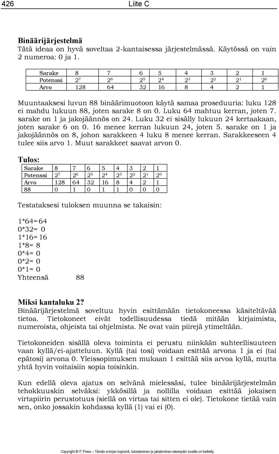 0. Luku 64 mahtuu kerran, joten 7. sarake on 1 ja jakojäännös on 24. Luku 32 ei sisälly lukuun 24 kertaakaan, joten sarake 6 on 0. 16 menee kerran lukuun 24, joten 5.