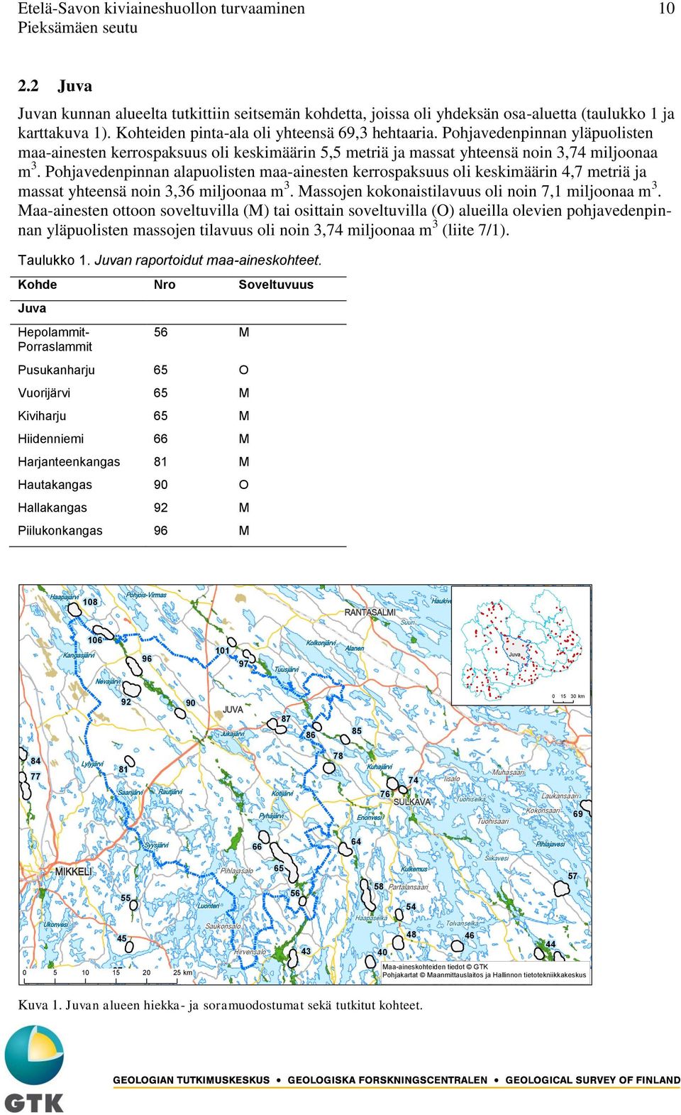 Pohjavedenpinnan alapuolisten maa-ainesten kerrospaksuus oli keskimäärin 4,7 metriä ja massat yhteensä noin 3,36 miljoonaa m 3. Massojen kokonaistilavuus oli noin 7,1 miljoonaa m 3.