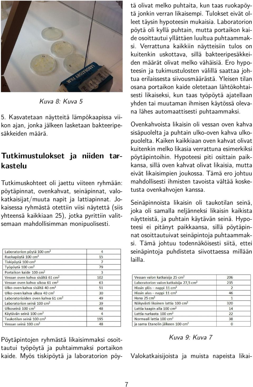 Jokaisessa ryhmästä otettiin viisi näytettä (siis yhteensä kaikkiaan 25), jotka pyrittiin valitsemaan mahdollisimman monipuolisesti.