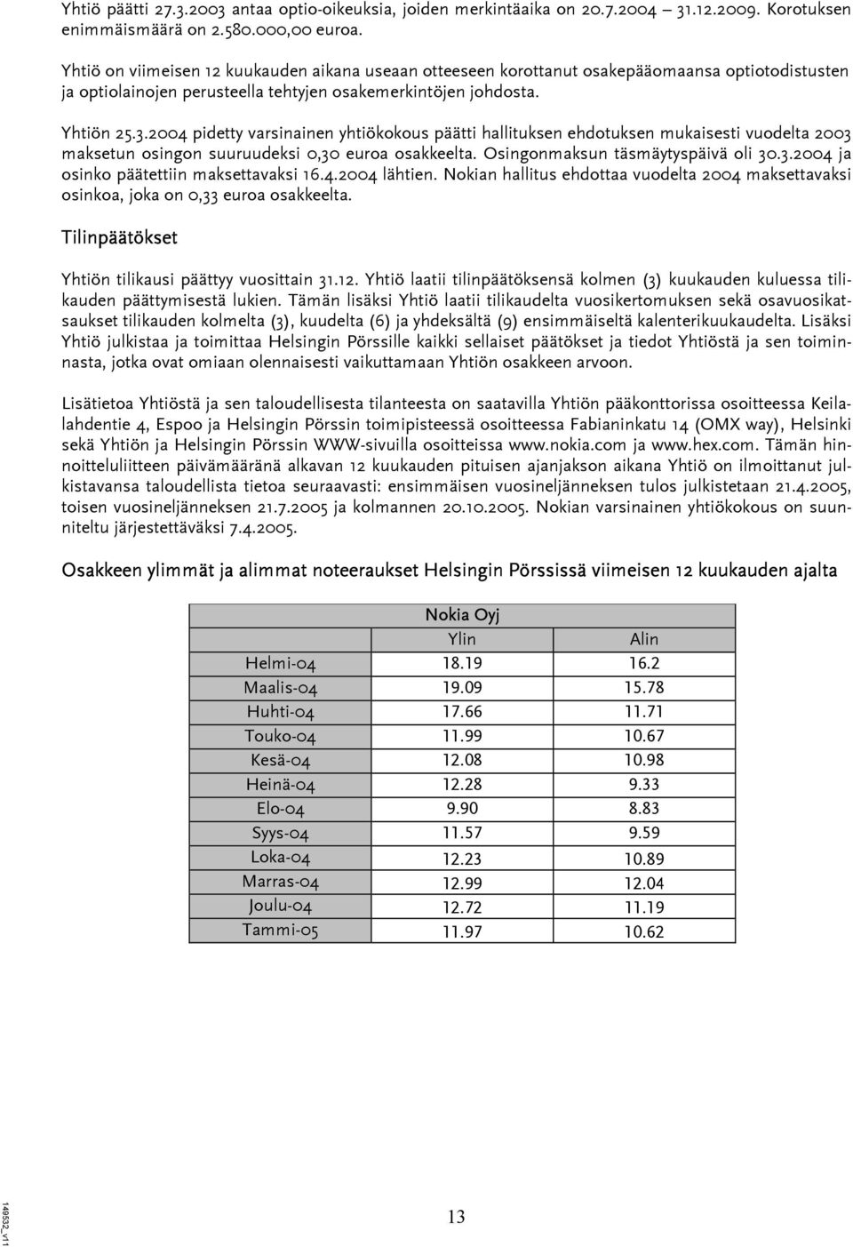 2004 pidetty varsinainen yhtiökokous päätti hallituksen ehdotuksen mukaisesti vuodelta 2003 maksetun osingon suuruudeksi 0,30 euroa osakkeelta. Osingonmaksun täsmäytyspäivä oli 30.3.2004 ja osinko päätettiin maksettavaksi 16.