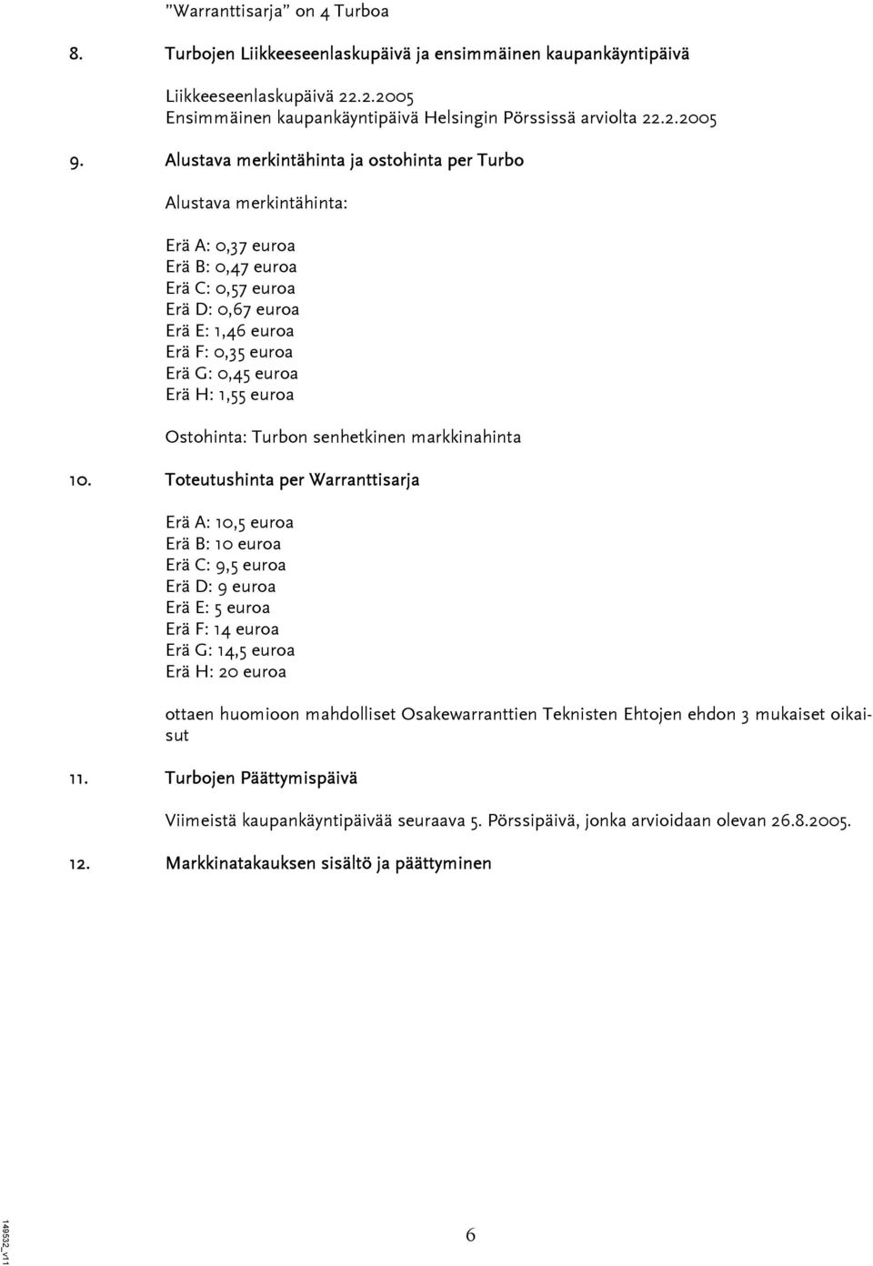 H: 1,55 euroa Ostohinta: Turbon senhetkinen markkinahinta 10.