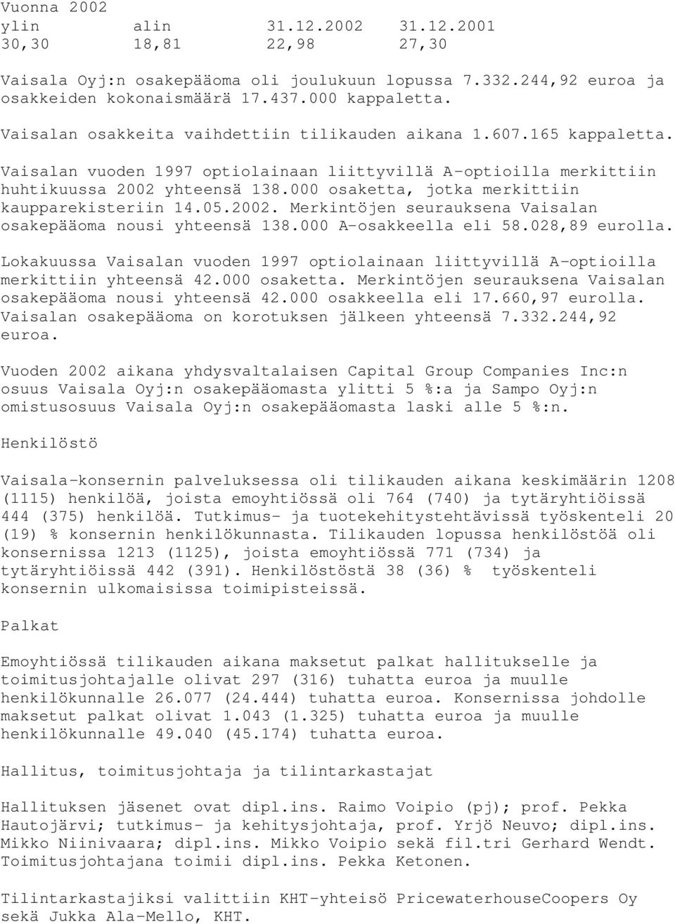 000 osaketta, jotka merkittiin kaupparekisteriin 14.05.2002. Merkintöjen seurauksena Vaisalan osakepääoma nousi yhteensä 138.000 A-osakkeella eli 58.028,89 eurolla.