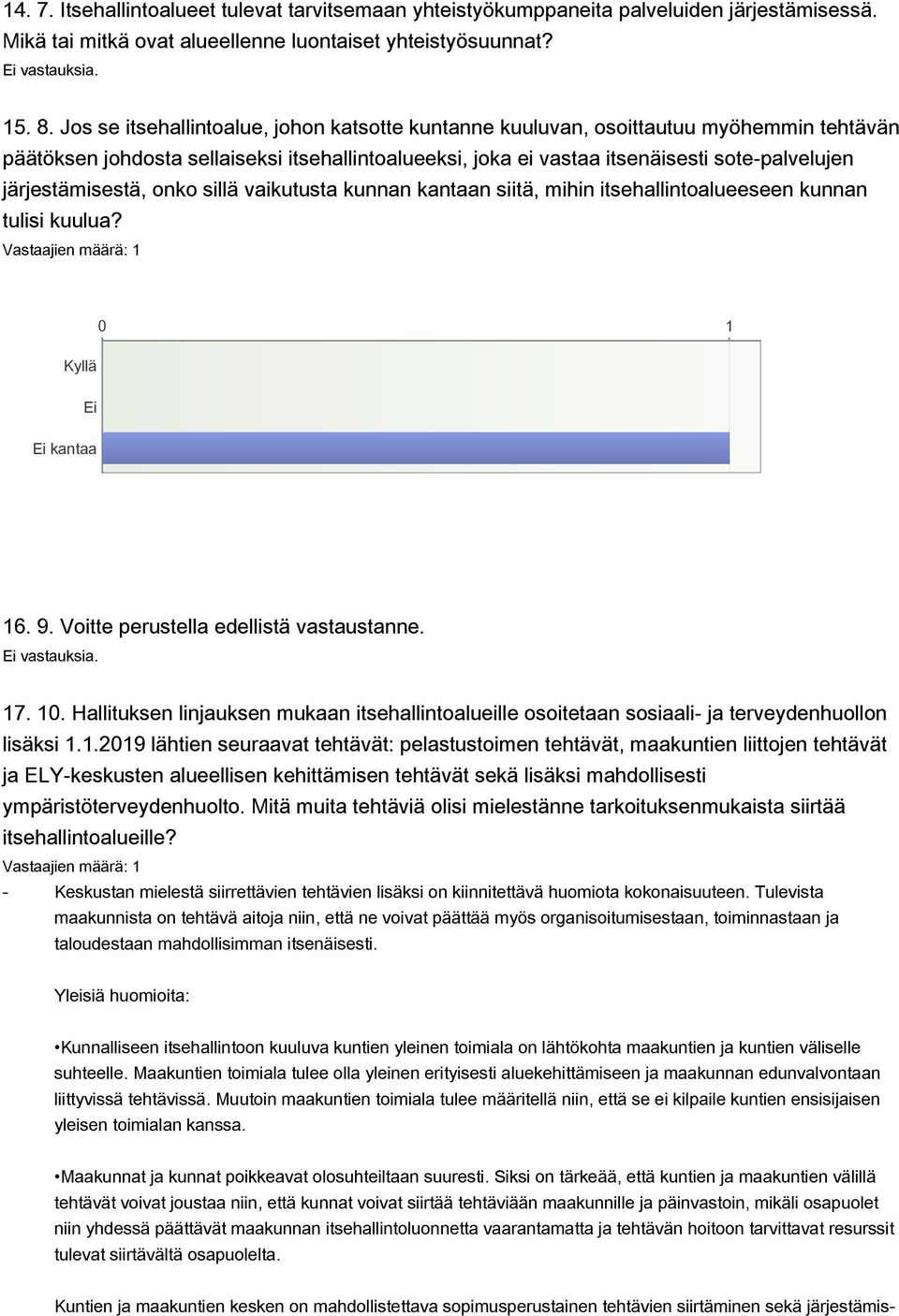 järjestämisestä, onko sillä vaikutusta kunnan kantaan siitä, mihin itsehallintoalueeseen kunnan tulisi kuulua? Kyllä 0 1 Ei Ei kantaa 16. 9. Voitte perustella edellistä vastaustanne. Ei vastauksia.