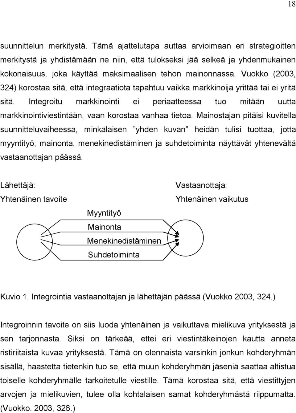 Vuokko (2003, 324) korostaa sitä, että integraatiota tapahtuu vaikka markkinoija yrittää tai ei yritä sitä.