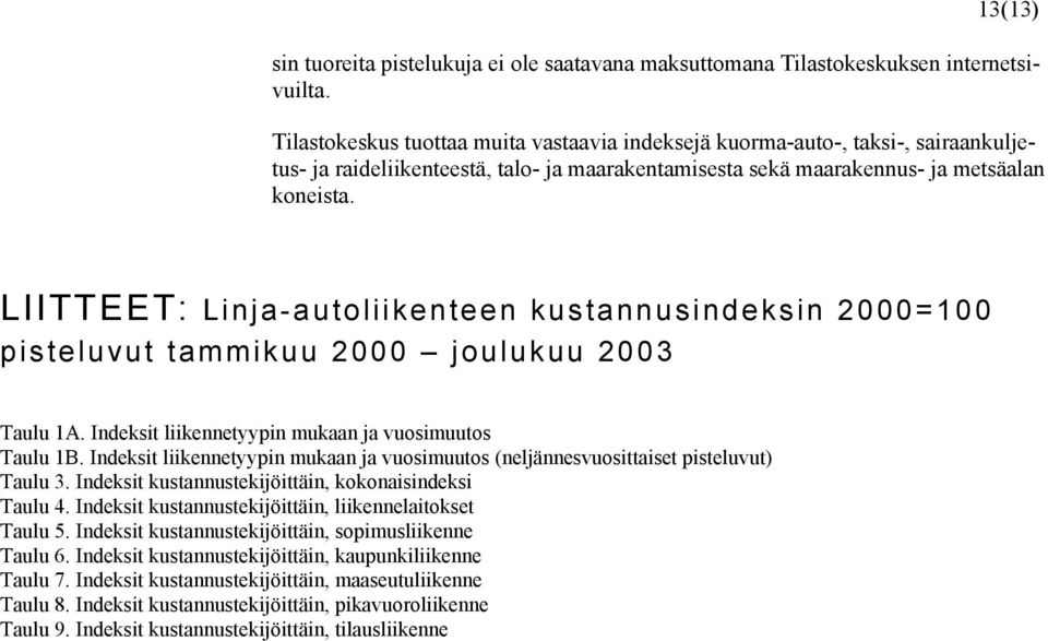 LIITTEET: Linja-autoliikenteen kustannusindeksin 2000=100 pisteluvut tammikuu 2000 joulukuu 2003 Taulu 1A. Indeksit liikennetyypin mukaan ja vuosimuutos Taulu 1B.