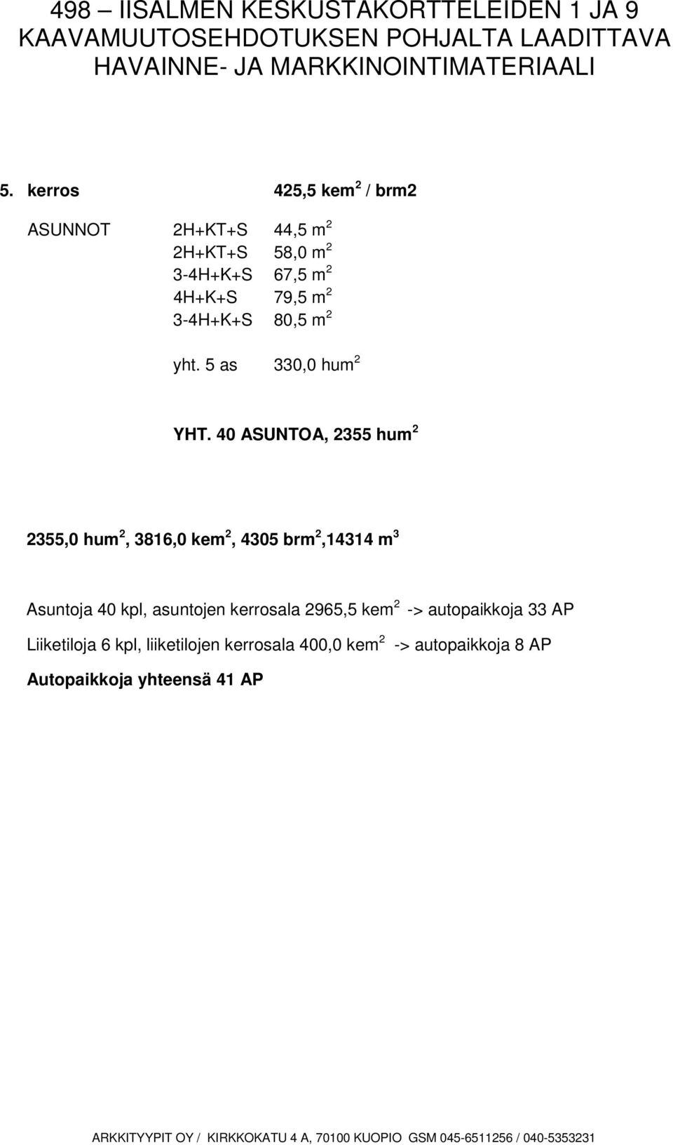 40 ASUNTOA, 2355 hum 2 2355,0 hum 2, 3816,0 kem 2, 4305 brm 2,14314 m 3 Asuntoja 40 kpl, asuntojen kerrosala 2965,5 kem 2 > autopaikkoja 33 AP