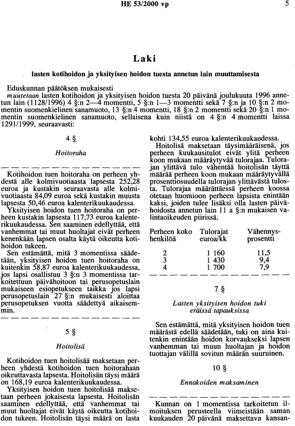 suomenkielinen sanamuoto, sellaisena kuin niistä on 4 :n 4 momentti laissa 129111999, seuraavasti: 4 Hoitoraha Kotihoidon tuen hoitoraha on perheen yhdestä alle kolmivuotiaasta lapsesta 252,28 euroa