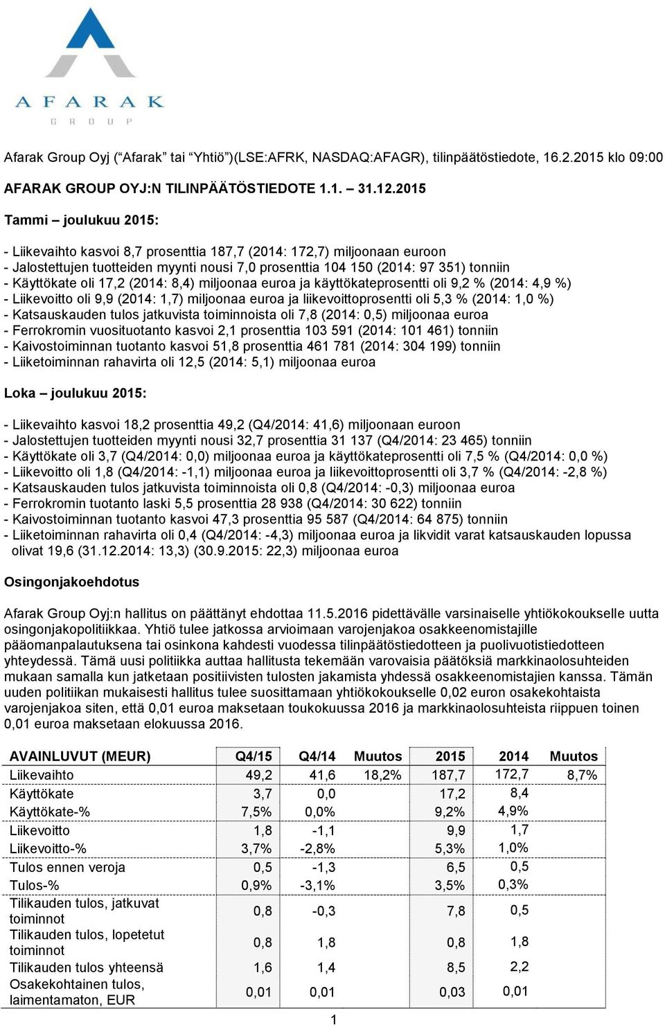 oli 17,2 (2014: 8,4) miljoonaa euroa ja käyttökateprosentti oli 9,2 % (2014: 4,9 %) - Liikevoitto oli 9,9 (2014: 1,7) miljoonaa euroa ja liikevoittoprosentti oli 5,3 % (2014: 1,0 %) - Katsauskauden