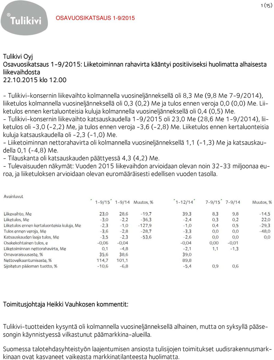 Liiketulos ennen kertaluonteisia kuluja kolmannella vuosineljänneksellä oli 0,4 (0,5) Me.