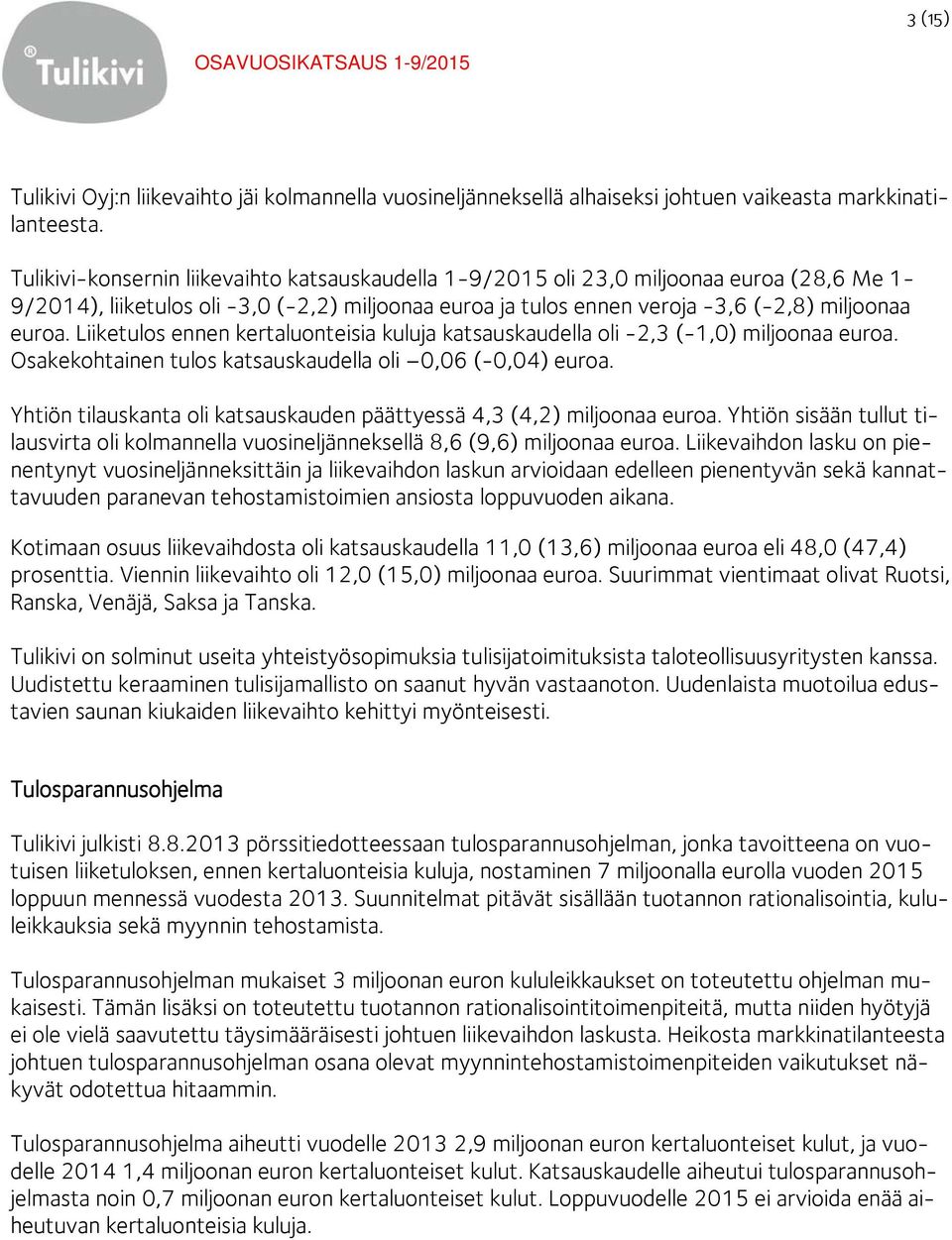 Liiketulos ennen kertaluonteisia kuluja katsauskaudella oli -2,3 (-1,0) miljoonaa euroa. Osakekohtainen tulos katsauskaudella oli 0,06 (-0,04) euroa.