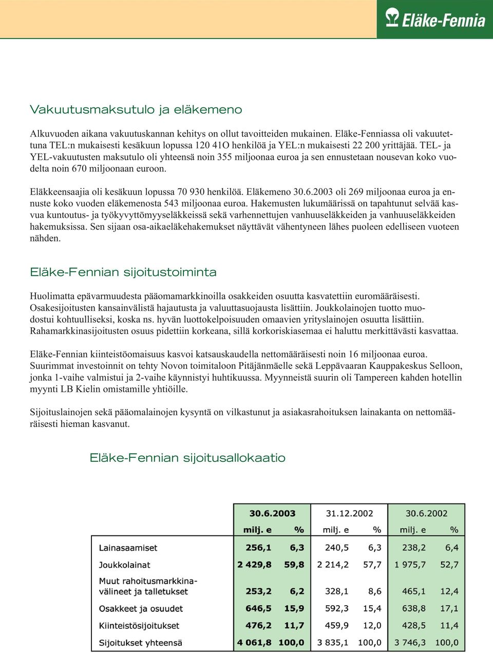 TEL- ja YEL-vakuutusten maksutulo oli yhteensä noin 355 miljoonaa euroa ja sen ennustetaan nousevan koko vuodelta noin 670 miljoonaan euroon. Eläkkeensaajia oli kesäkuun lopussa 70 930 henkilöä.