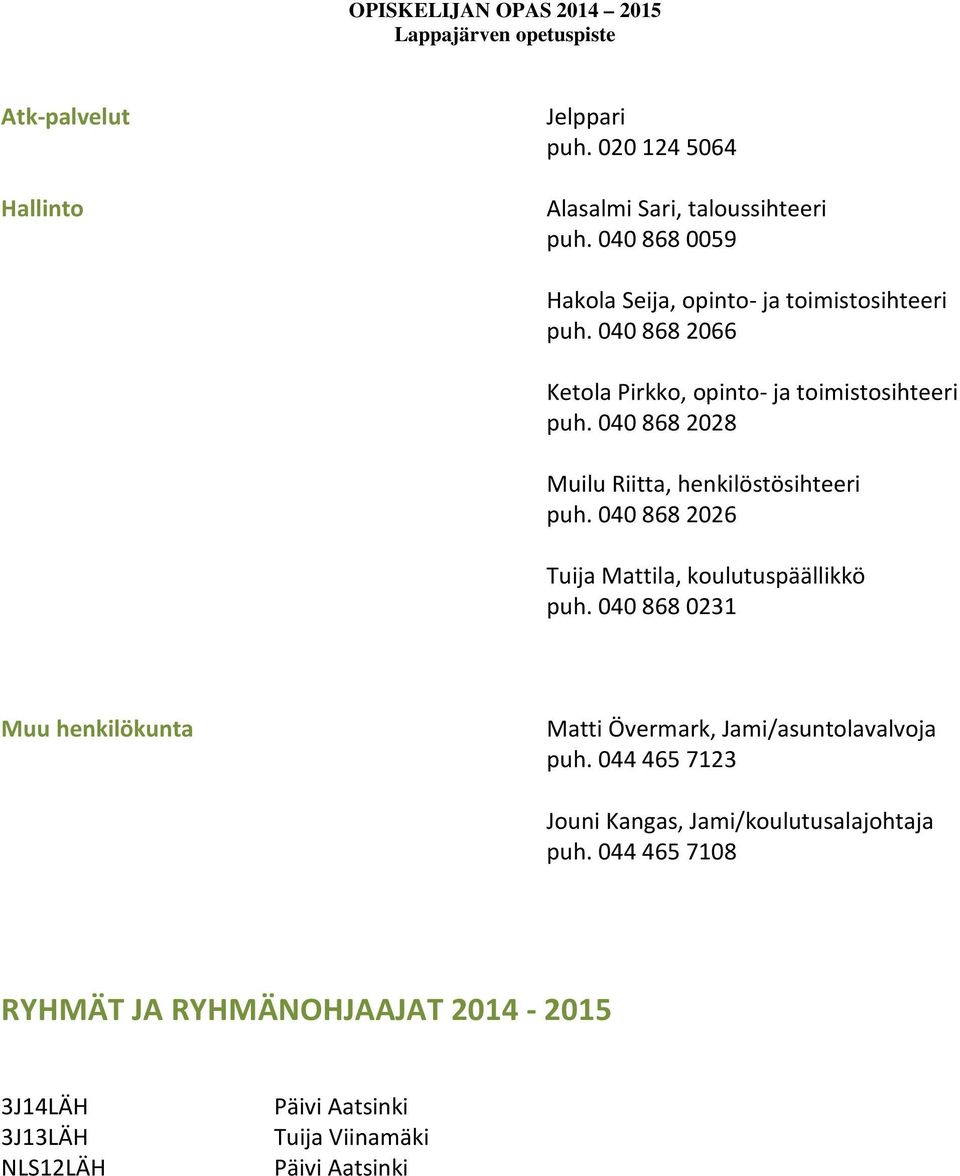 040 868 2028 Muilu Riitta, henkilöstösihteeri puh. 040 868 2026 Tuija Mattila, koulutuspäällikkö puh.