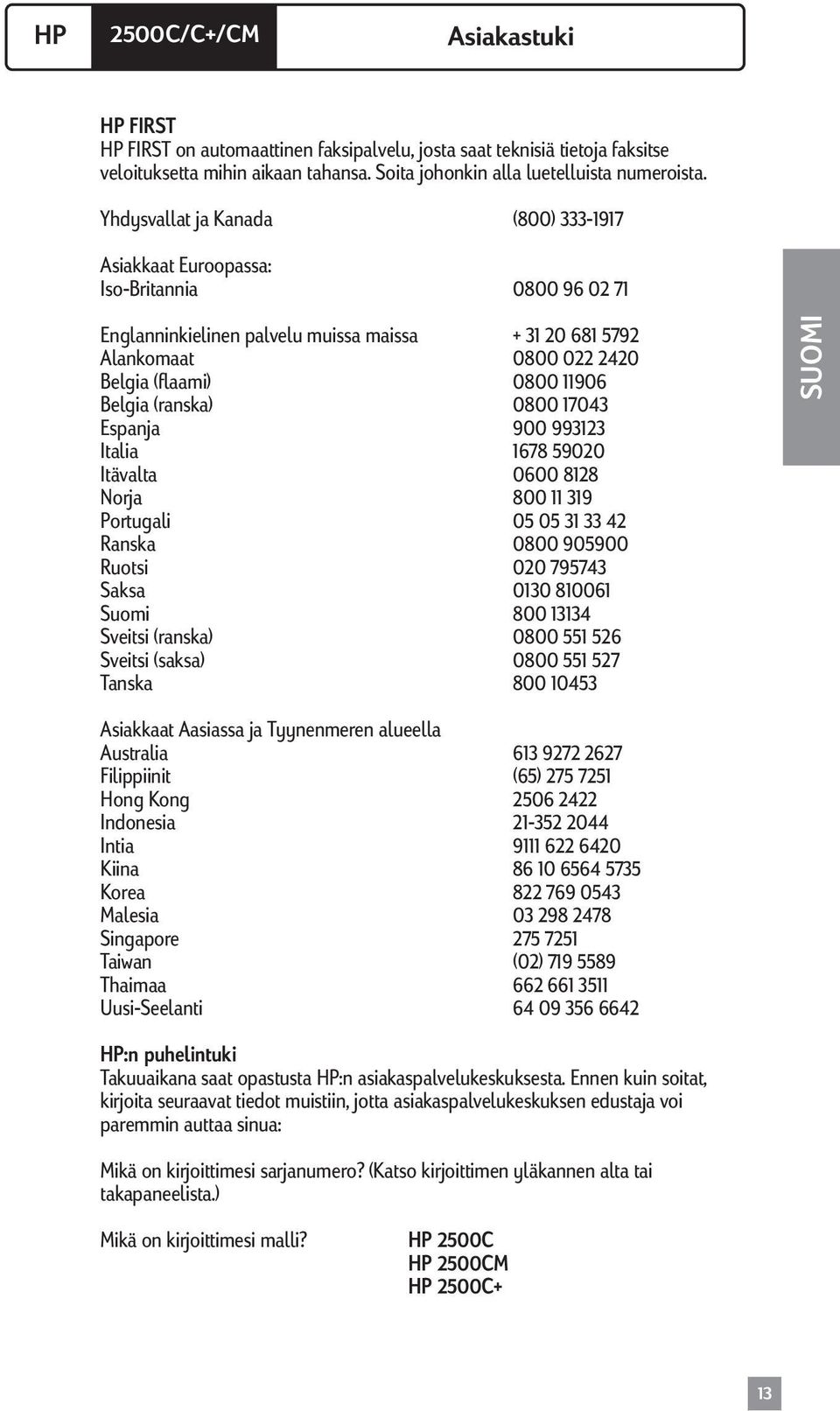 Belgia (ranska) 0800 17043 Espanja 900 993123 Italia 1678 59020 Itävalta 0600 8128 Norja 800 11 319 Portugali 05 05 31 33 42 Ranska 0800 905900 Ruotsi 020 795743 Saksa 0130 810061 Suomi 800 13134