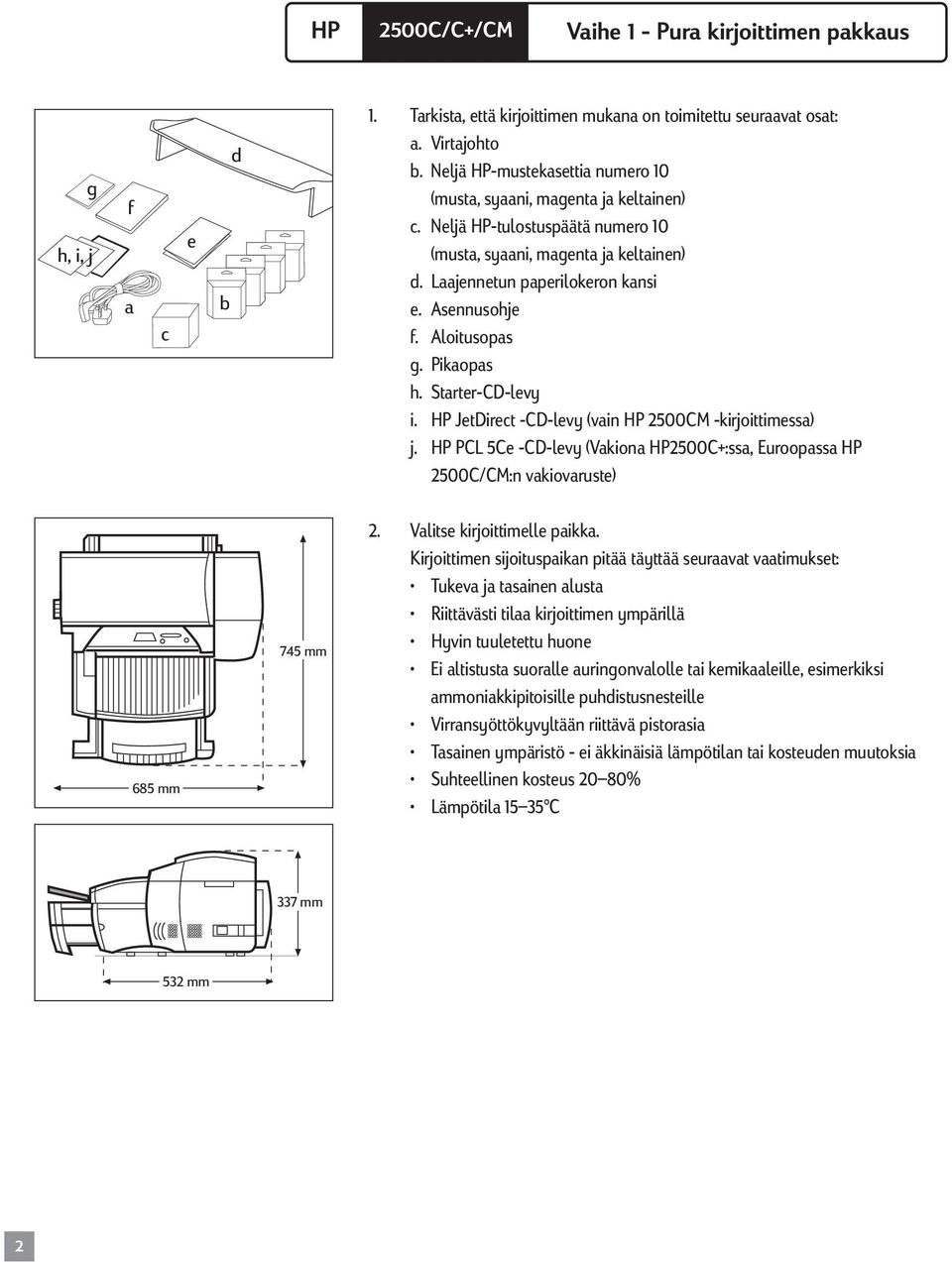 Aloitusopas g. Pikaopas h. Starter-CD-levy i. HP JetDirect -CD-levy (vain HP 2500CM -kirjoittimessa) j.