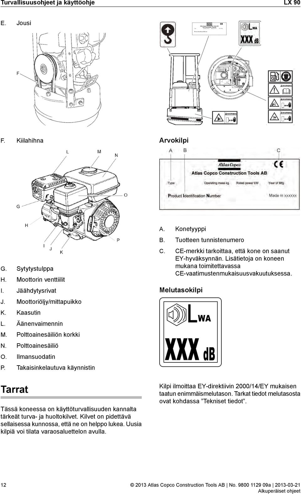 Ilmansuodatin P. Takaisinkelautuva käynnistin A. Konetyyppi B. Tuotteen tunnistenumero C. CE-merkki tarkoittaa, että kone on saanut EY-hyväksynnän.