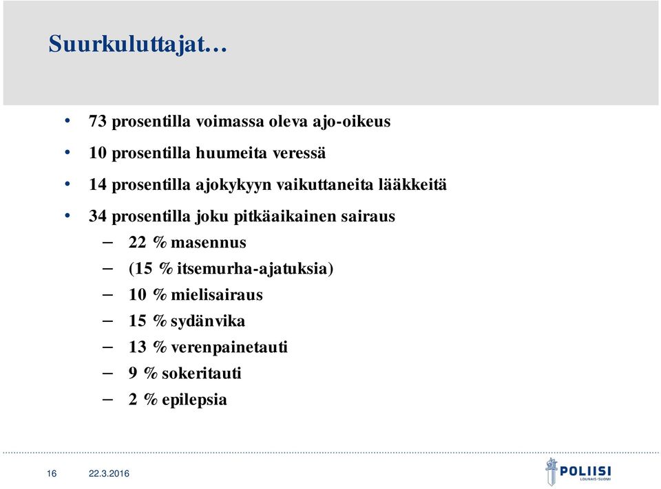 prosentilla joku pitkäaikainen sairaus 22 % masennus (15 %