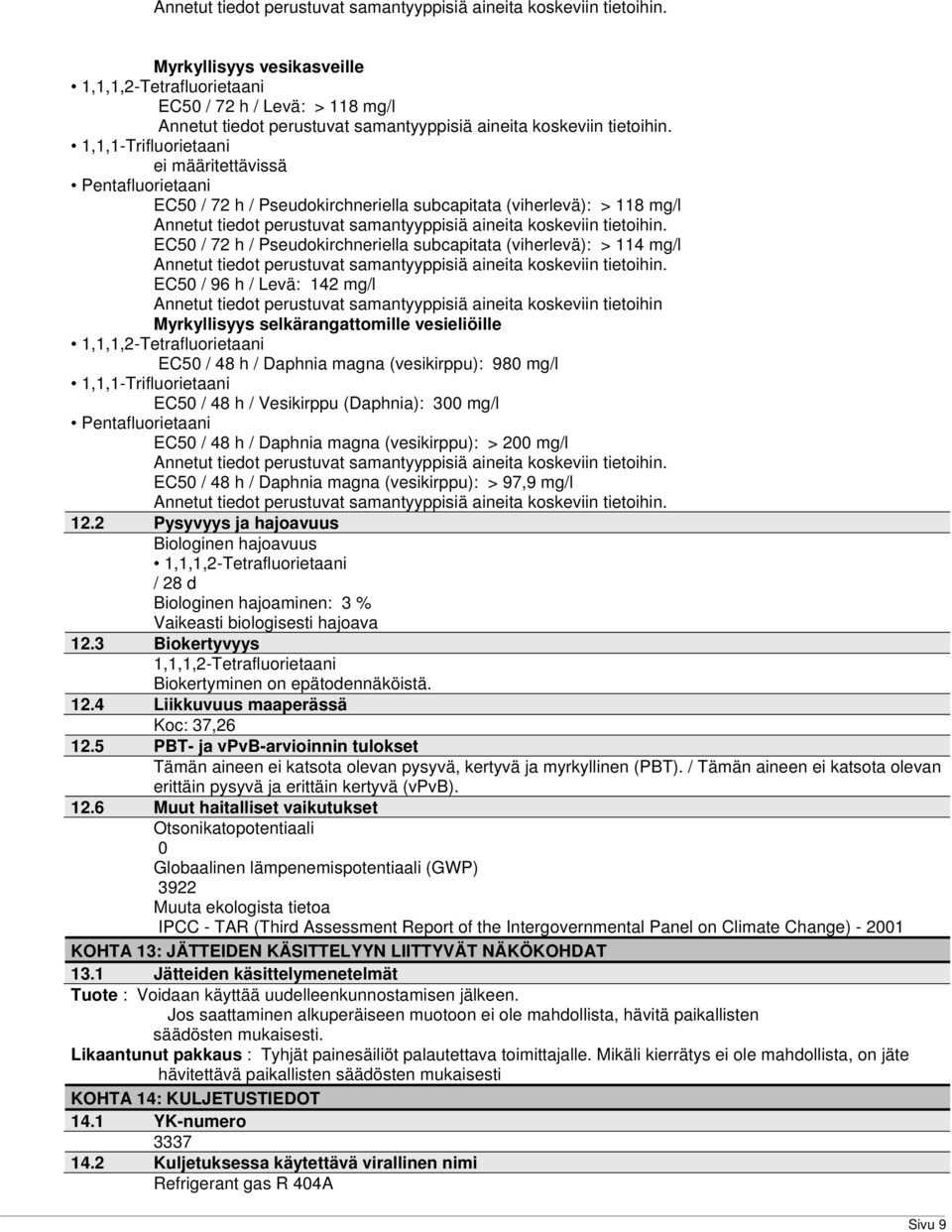 (vesikirppu): 980 mg/l EC50 / 48 h / Vesikirppu (Daphnia): 300 mg/l EC50 / 48 h / Daphnia magna (vesikirppu): > 200 mg/l EC50 / 48 h / Daphnia magna (vesikirppu): > 97,9 mg/l 12.