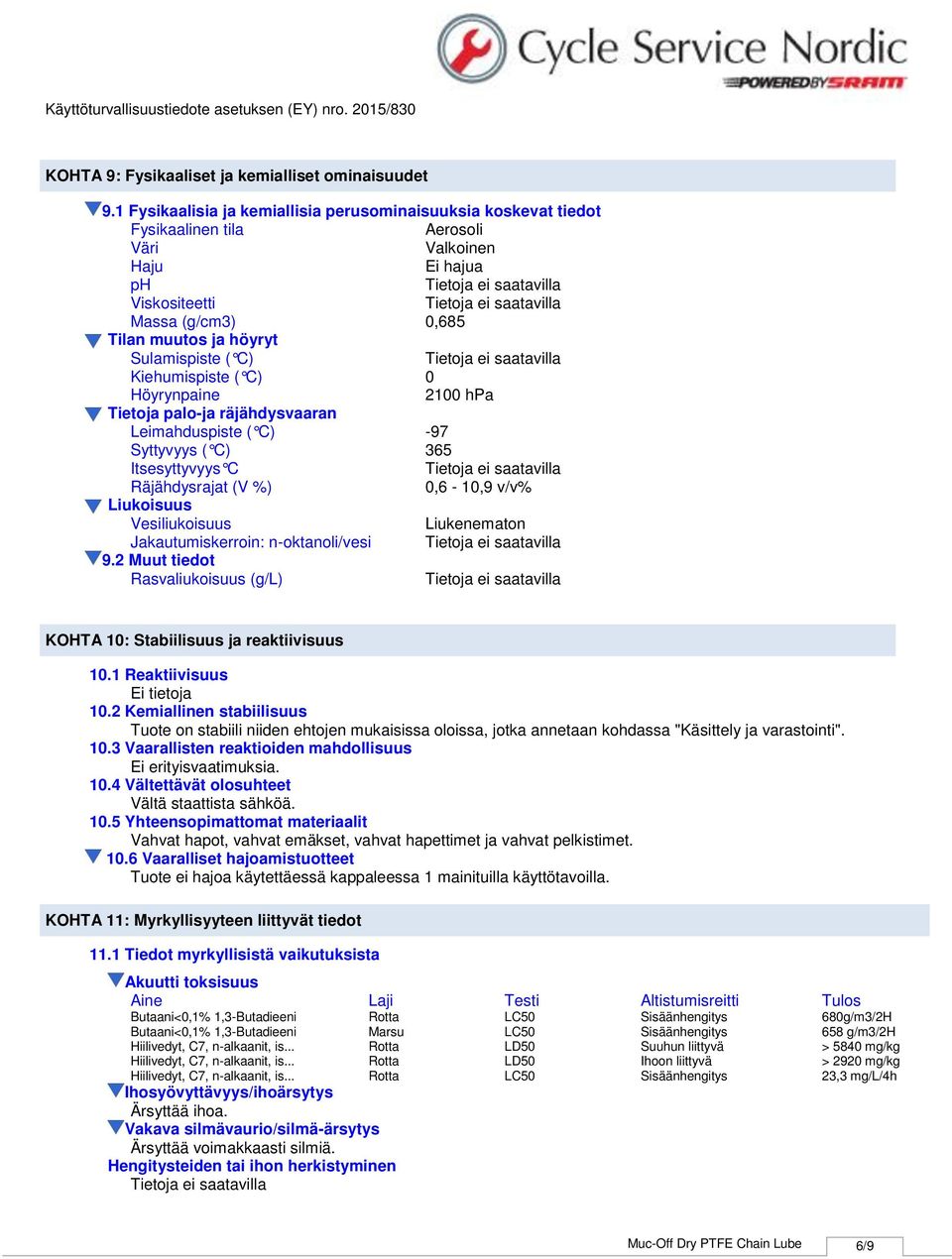 Kiehumispiste ( C) 0 Höyrynpaine 2100 hpa Tietoja paloja räjähdysvaaran Leimahduspiste ( C) 97 Syttyvyys ( C) 365 Itsesyttyvyys C Räjähdysrajat (V %) 0,6 10,9 v/v% Liukoisuus Vesiliukoisuus