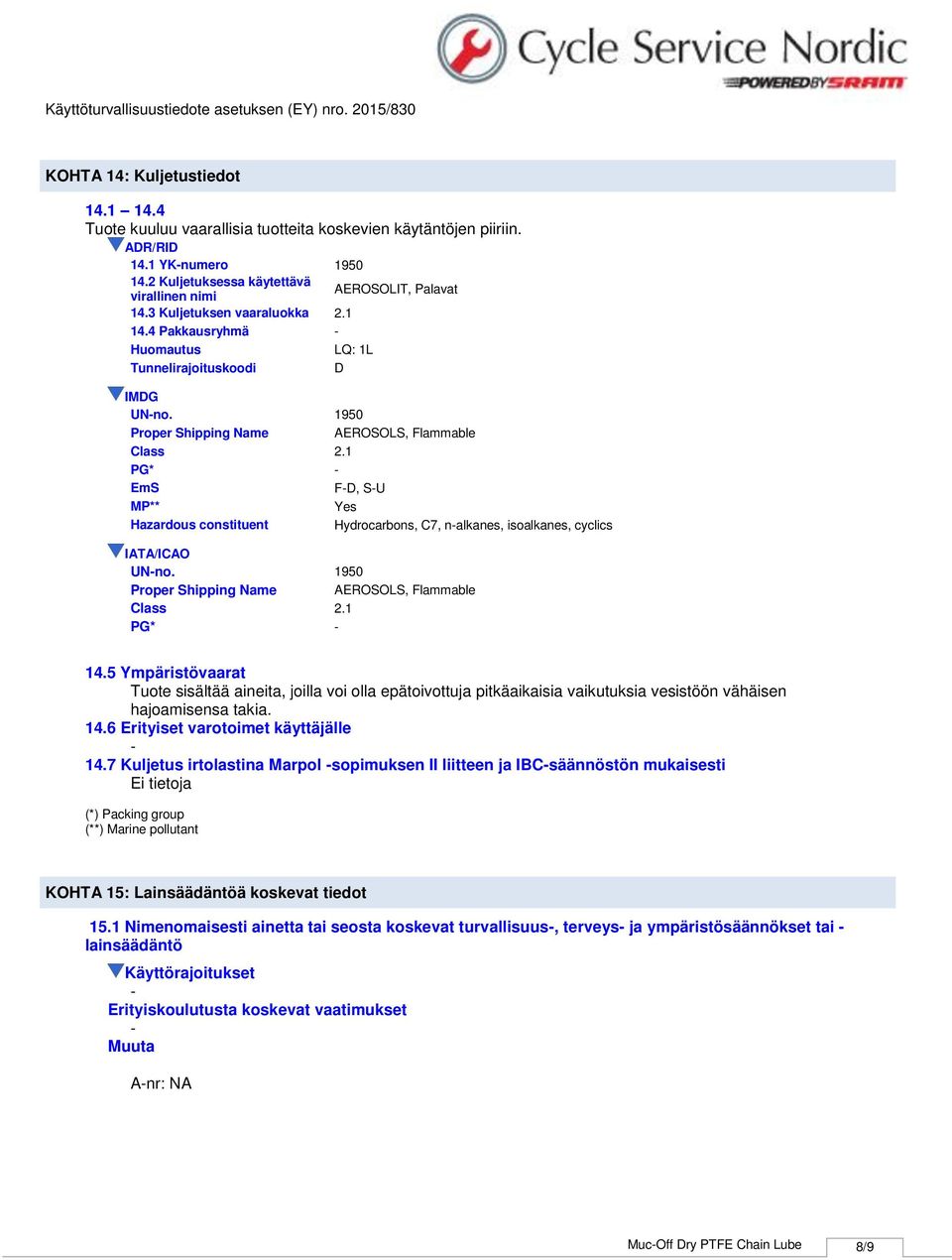 1 PG* EmS FD, SU MP** Yes Hazardous constituent Hydrocarbons, C7, nalkanes, isoalkanes, cyclics IATA/ICAO UNno. 1950 Proper Shipping Name AEROSOLS, Flammable Class 2.1 PG* 14.