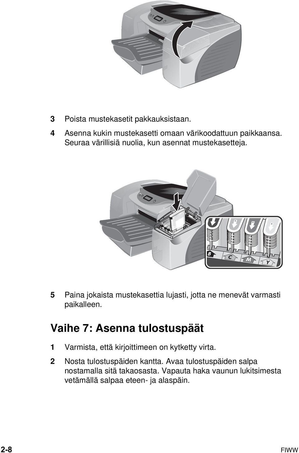 5 Paina jokaista mustekasettia lujasti, jotta ne menevät varmasti paikalleen.