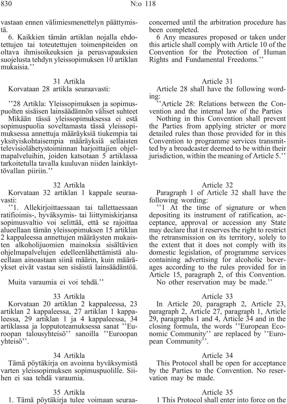 31 Artikla Korvataan 28 artikla seuraavasti: 28 Artikla: Yleissopimuksen ja sopimuspuolten sisäisen lainsäädännön väliset suhteet Mikään tässä yleissopimuksessa ei estä sopimuspuolia soveltamasta