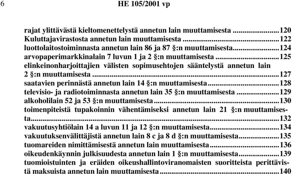 ..127 saatavien perinnästä annetun lain 14 :n muuttamisesta...128 televisio- ja radiotoiminnasta annetun lain 35 :n muuttamisesta...129 alkoholilain 52 ja 53 :n muuttamisesta.