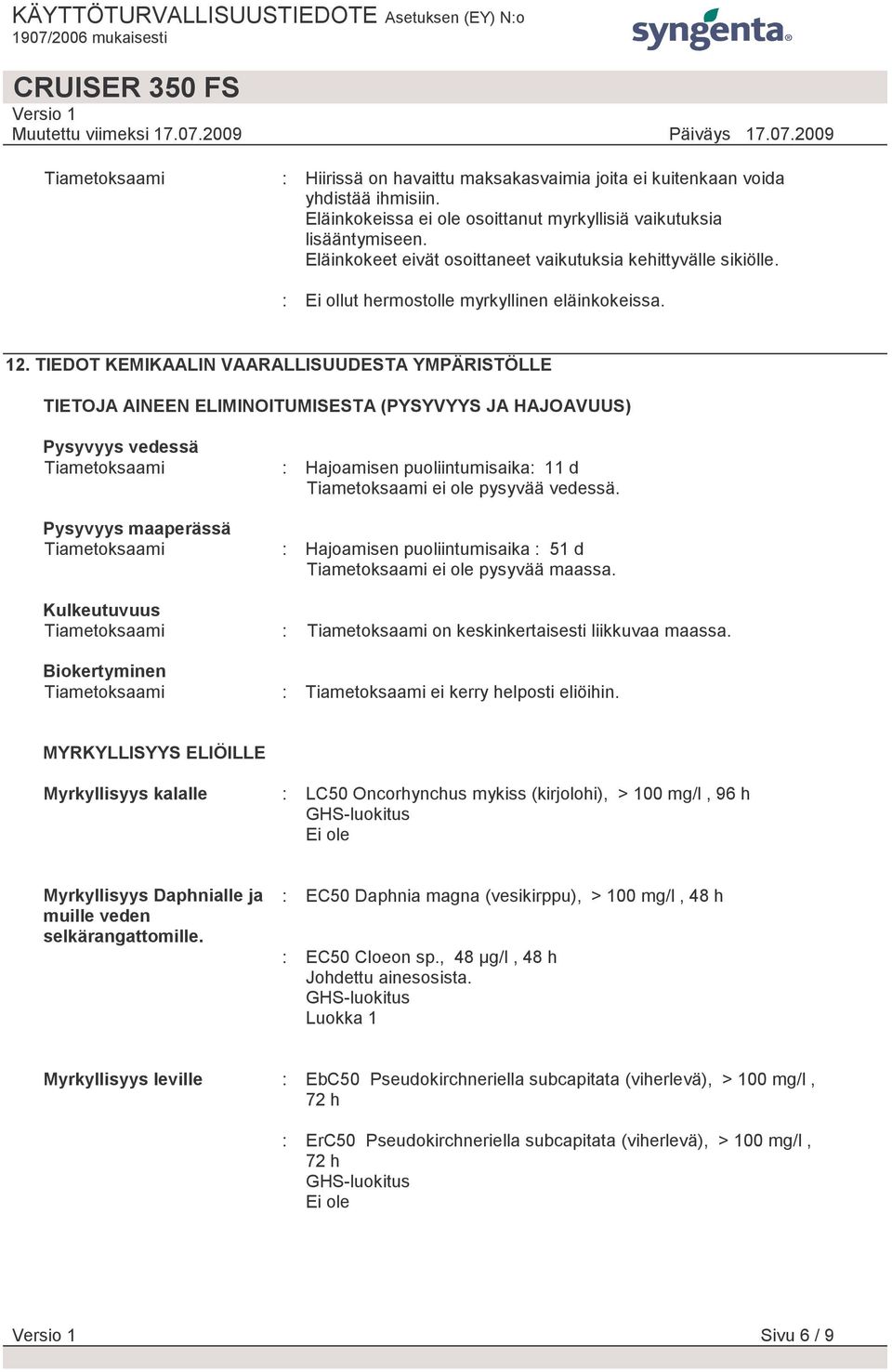 TIEDOT KEMIKAALIN VAARALLISUUDESTA YMPÄRISTÖLLE TIETOJA AINEEN ELIMINOITUMISESTA (PYSYVYYS JA HAJOAVUUS) Pysyvyys vedessä Tiametoksaami Pysyvyys maaperässä Tiametoksaami : Hajoamisen