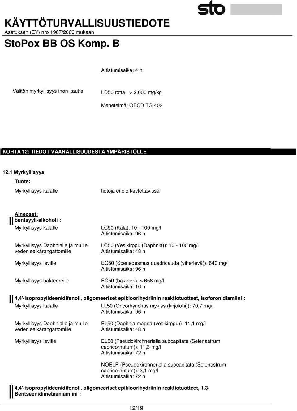 bakteereille LC50 (Kala): 10-100 mg/l Altistumisaika: 96 h LC50 (Vesikirppu (Daphnia)): 10-100 mg/l Altistumisaika: 48 h EC50 (Scenedesmus quadricauda (viherlevä)): 640 mg/l Altistumisaika: 96 h EC50