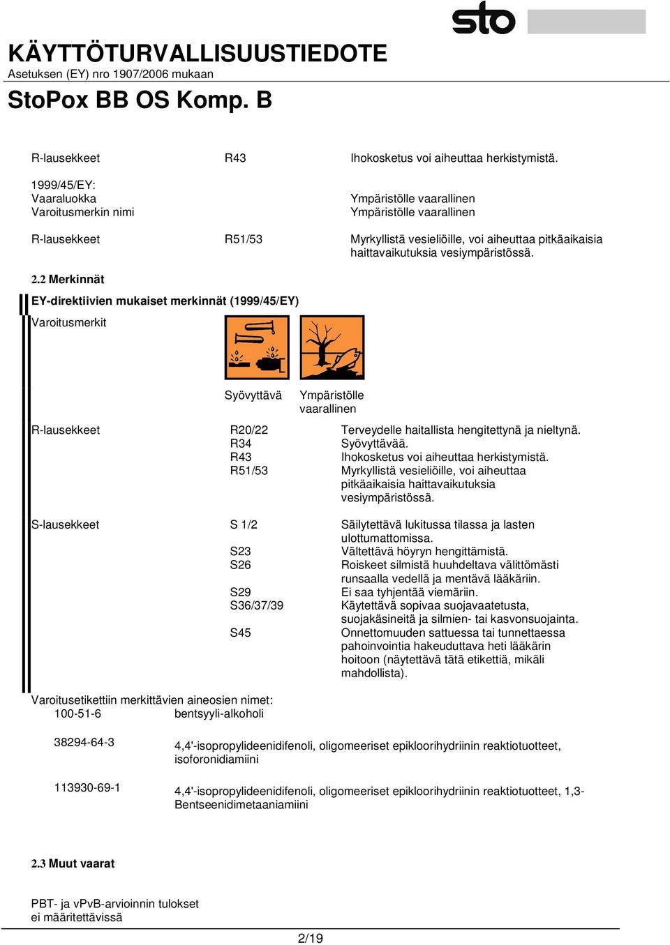 vesiympäristössä. 2.2 Merkinnät EY-direktiivien mukaiset merkinnät (1999/45/EY) Varoitusmerkit Syövyttävä Ympäristölle vaarallinen R-lausekkeet R20/22 Terveydelle haitallista hengitettynä ja nieltynä.