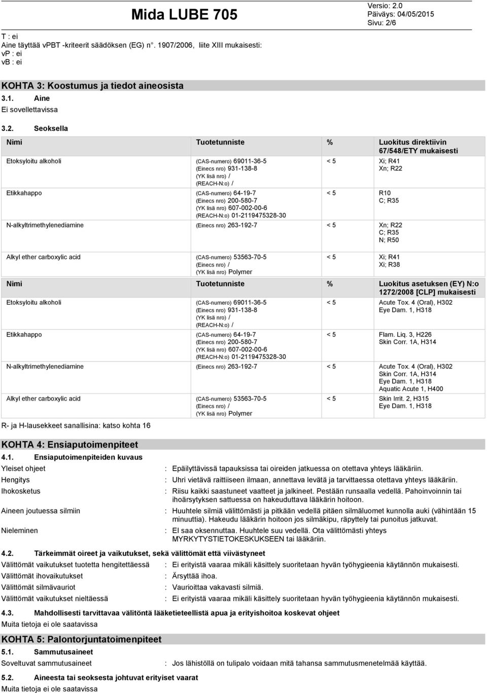 06, liite XIII mukaisesti: vp : ei vb : ei KOHTA 3: Koostumus ja tiedot aineosista 3.1. Aine Ei sovellettavissa 3.2.