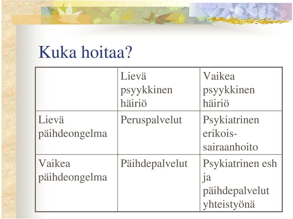 psyykkinen häiriö Peruspalvelut Päihdepalvelut