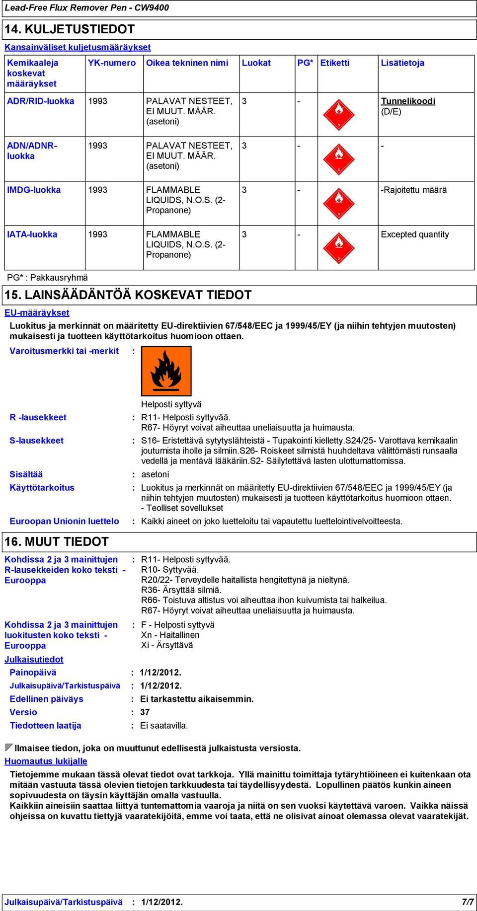 O.S. (2 Propanone) Excepted quantity PG* Pakkausryhmä 15.