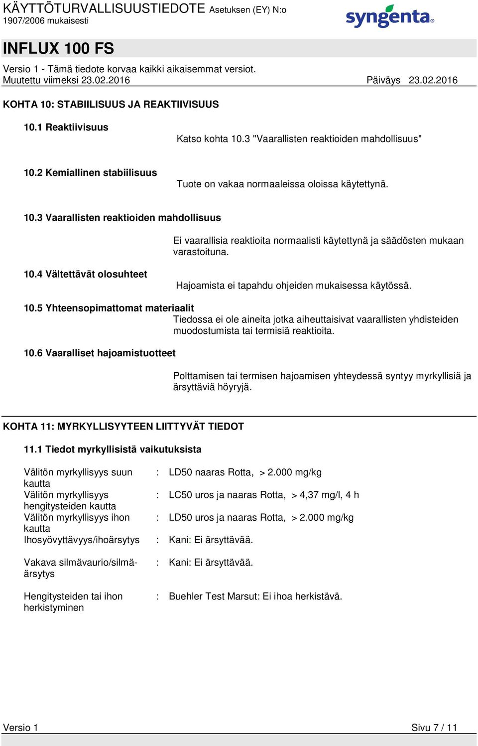 5 Yhteensopimattomat materiaalit Tiedossa ei ole aineita jotka aiheuttaisivat vaarallisten yhdisteiden muodostumista tai termisiä reaktioita. 10.