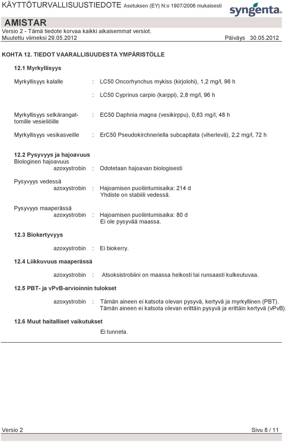 vesikasveille : EC50 Daphnia magna (vesikirppu), 0,83 mg/l, 48 h : ErC50 Pseudokirchneriella subcapitata (viherlevä), 2,2 mg/l, 72 h 12.