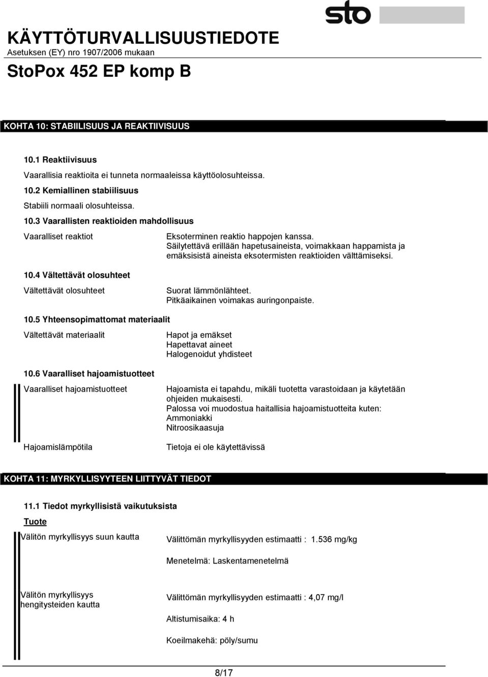 Pitkäaikainen voimakas auringonpaiste. 10.5 Yhteensopimattomat materiaalit Vältettävät materiaalit Hapot ja emäkset Hapettavat aineet Halogenoidut yhdisteet 10.