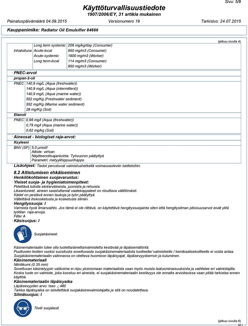 0,96 mg/l (Aqua (freshwater)) 0,79 mg/l (Aqua (marine water)) 0,62 mg/kg (Soil) Aineosat - biologiset raja-arvot: BNV (SF) 5,0 µmol/l Altiste: virtsan Näytteenottoajankohta: Työvuoron päätyttyä