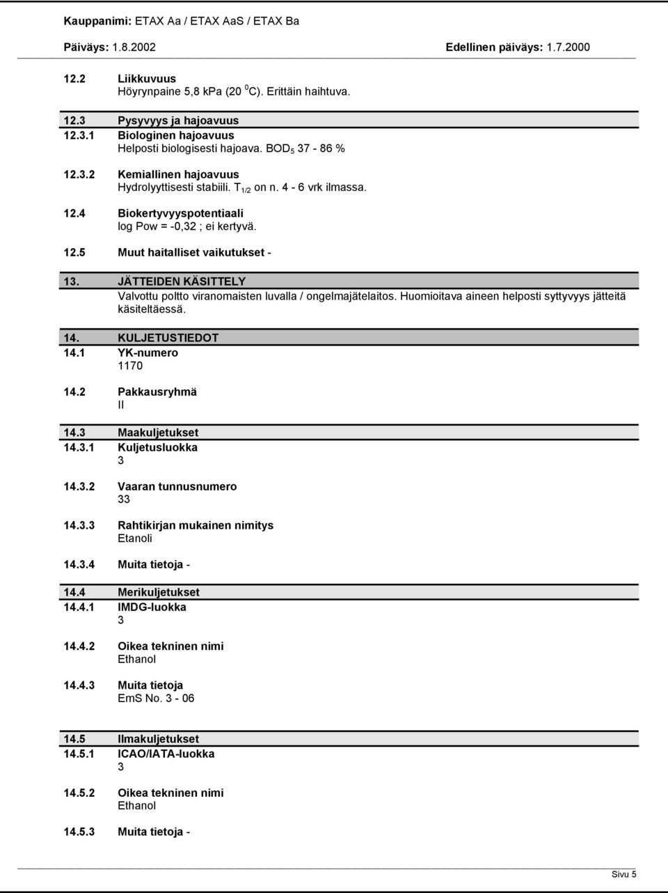 JÄTTEIDEN KÄSITTELY Valvottu poltto viranomaisten luvalla / ongelmajätelaitos. Huomioitava aineen helposti syttyvyys jätteitä käsiteltäessä. 14. KULJETUSTIEDOT 14.1 YK-numero 1170 14.