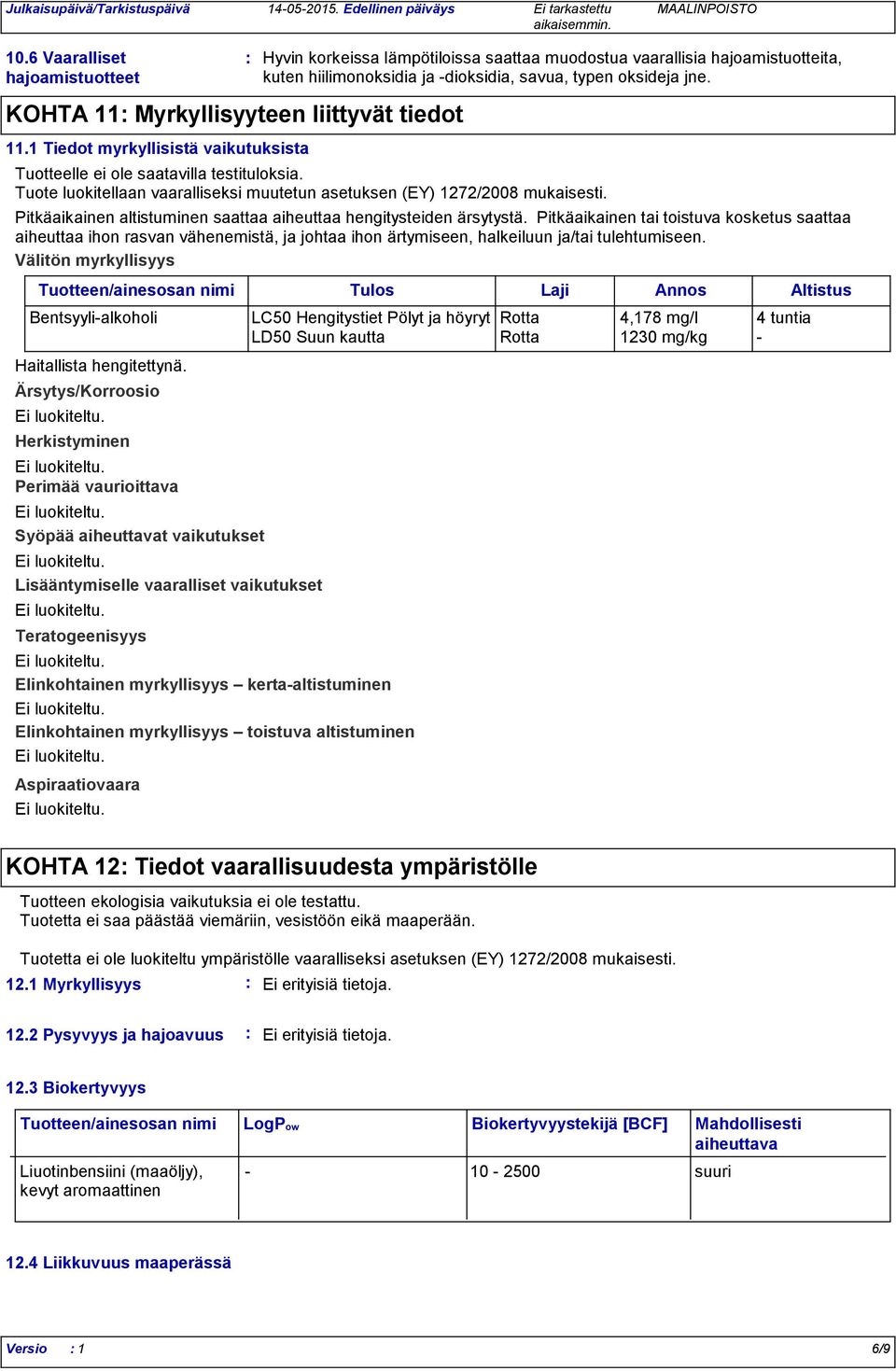 Tuotteelle ei ole saatavilla testituloksia. Tuote luokitellaan vaaralliseksi muutetun asetuksen (EY) 1272/2008 mukaisesti. Pitkäaikainen altistuminen saattaa aiheuttaa hengitysteiden ärsytystä.