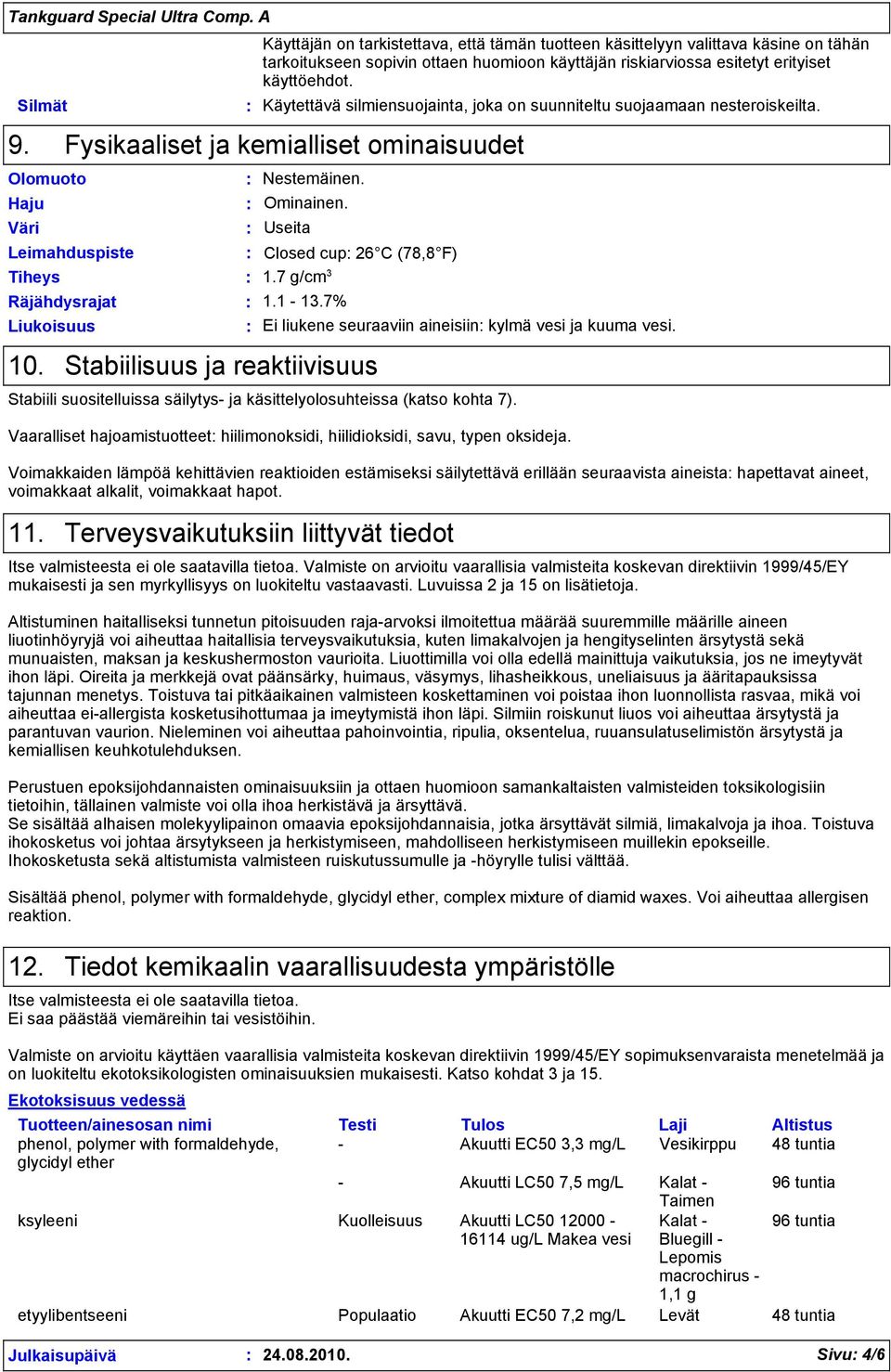 Väri Useita Leimahduspiste Closed cup 26 C (78,8 F) Tiheys 1.7 g/cm 3 Räjähdysrajat 1.1-13.7% 10. Stabiilisuus ja reaktiivisuus Ei liukene seuraaviin aineisiin kylmä vesi ja kuuma vesi.