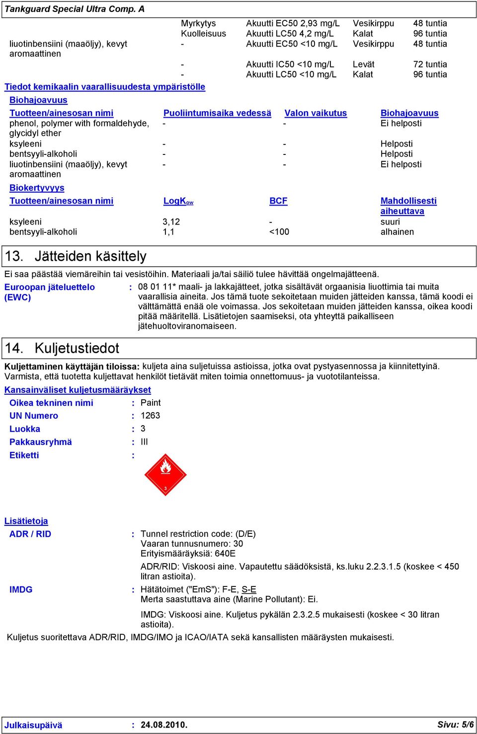 vaikutus Biohajoavuus phenol, polymer with formaldehyde, - - Ei helposti glycidyl ether ksyleeni - - Helposti bentsyyli-alkoholi - - Helposti liuotinbensiini (maaöljy), kevyt aromaattinen - - Ei