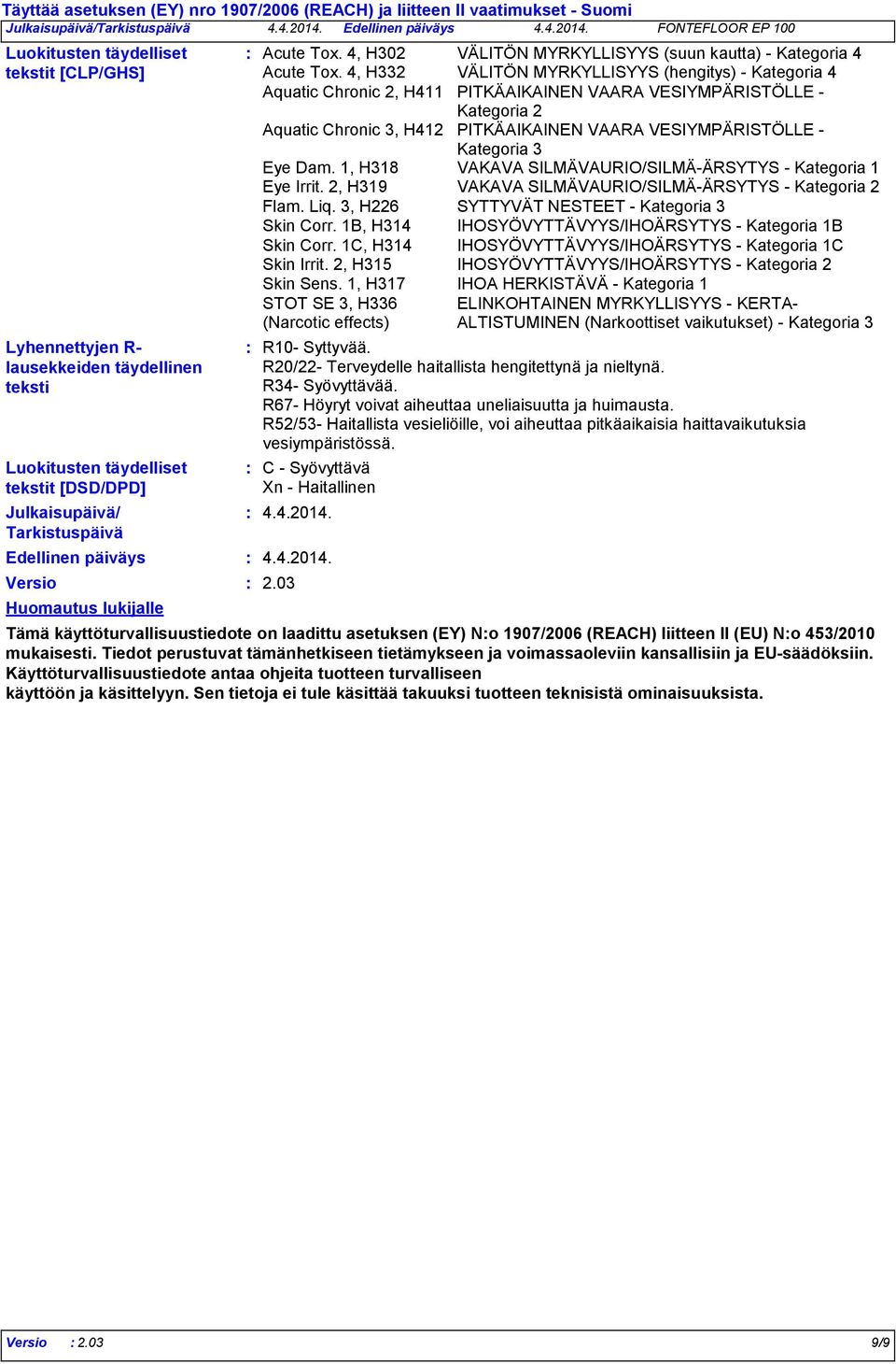 4, H332 VÄLITÖN MYRKYLLISYYS (hengitys) Kategoria 4 Aquatic Chronic 2, H411 PITKÄAIKAINEN VAARA VESIYMPÄRISTÖLLE Kategoria 2 Aquatic Chronic 3, H412 PITKÄAIKAINEN VAARA VESIYMPÄRISTÖLLE Kategoria 3