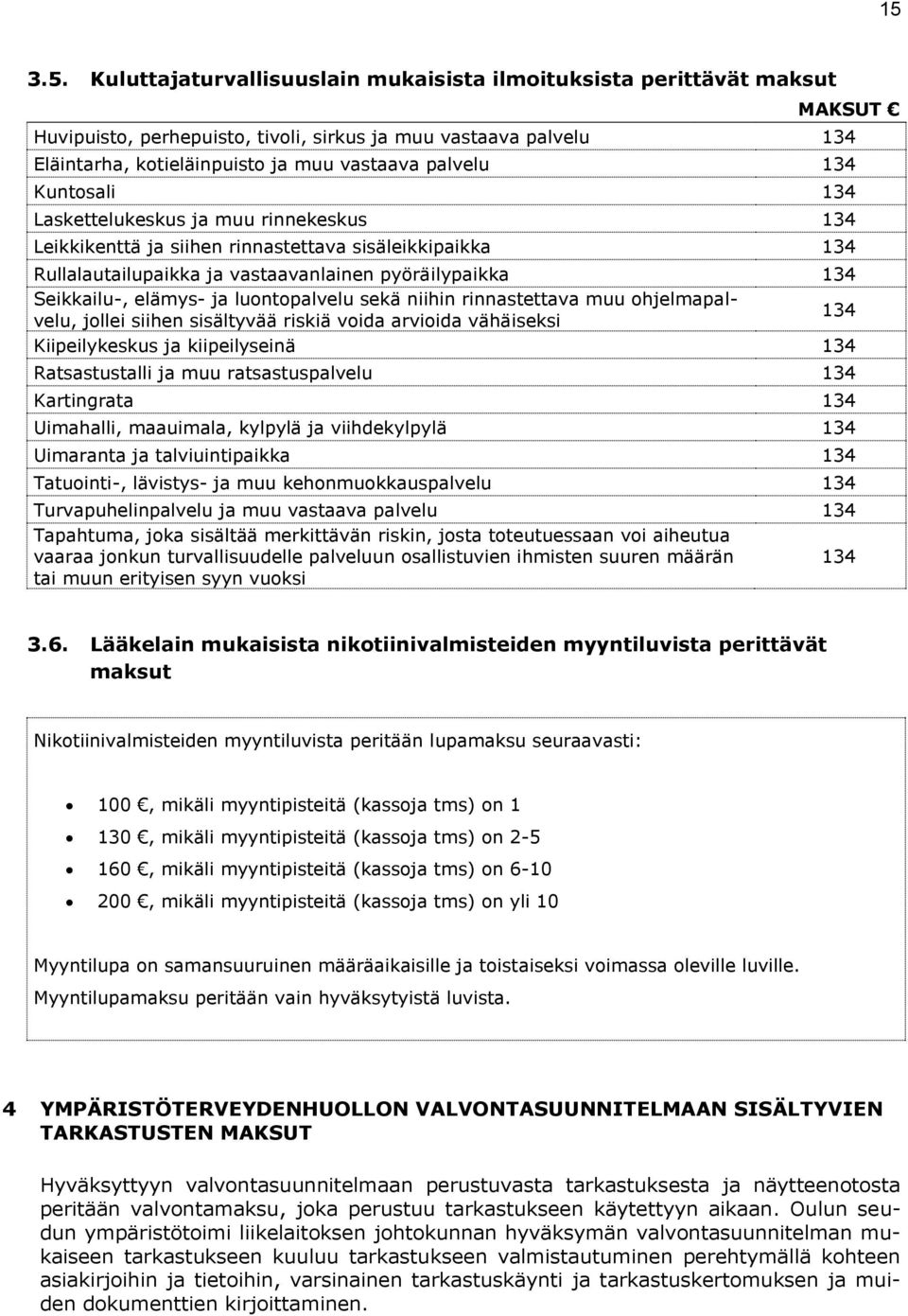 elämys- ja luontopalvelu sekä niihin rinnastettava muu ohjelmapalvelu, jollei siihen sisältyvää riskiä voida arvioida vähäiseksi 134 Kiipeilykeskus ja kiipeilyseinä 134 Ratsastustalli ja muu