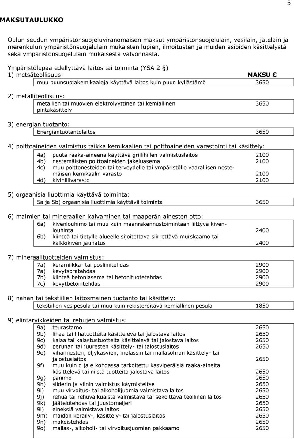 Ympäristölupaa edellyttävä laitos tai toiminta (YSA 2 ) 1) metsäteollisuus: MAKSU muu puunsuojakemikaaleja käyttävä laitos kuin puun kyllästämö 3650 2) metalliteollisuus: metallien tai muovien