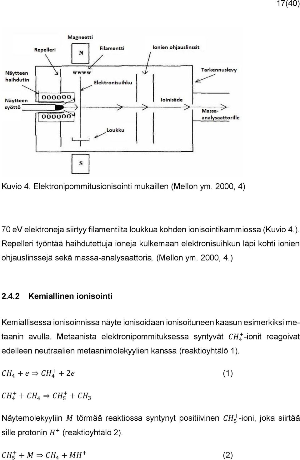 Metaanista elektronipommituksessa syntyvät CH + 4 -ionit reagoivat edelleen neutraalien metaanimolekyylien kanssa (reaktioyhtälö 1).