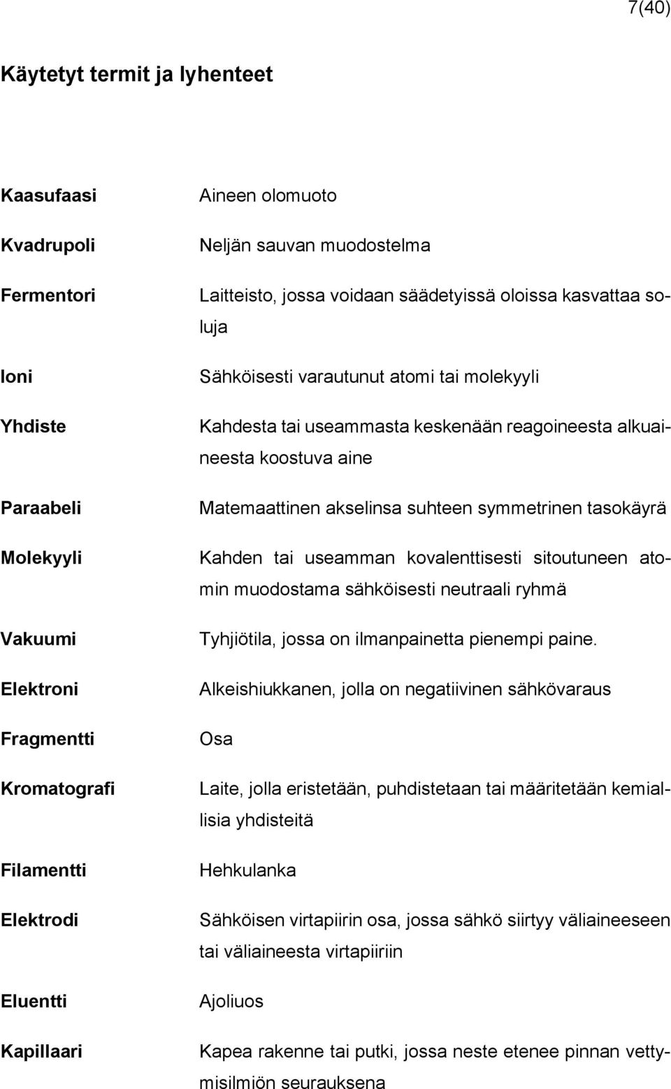 koostuva aine Matemaattinen akselinsa suhteen symmetrinen tasokäyrä Kahden tai useamman kovalenttisesti sitoutuneen atomin muodostama sähköisesti neutraali ryhmä Tyhjiötila, jossa on ilmanpainetta