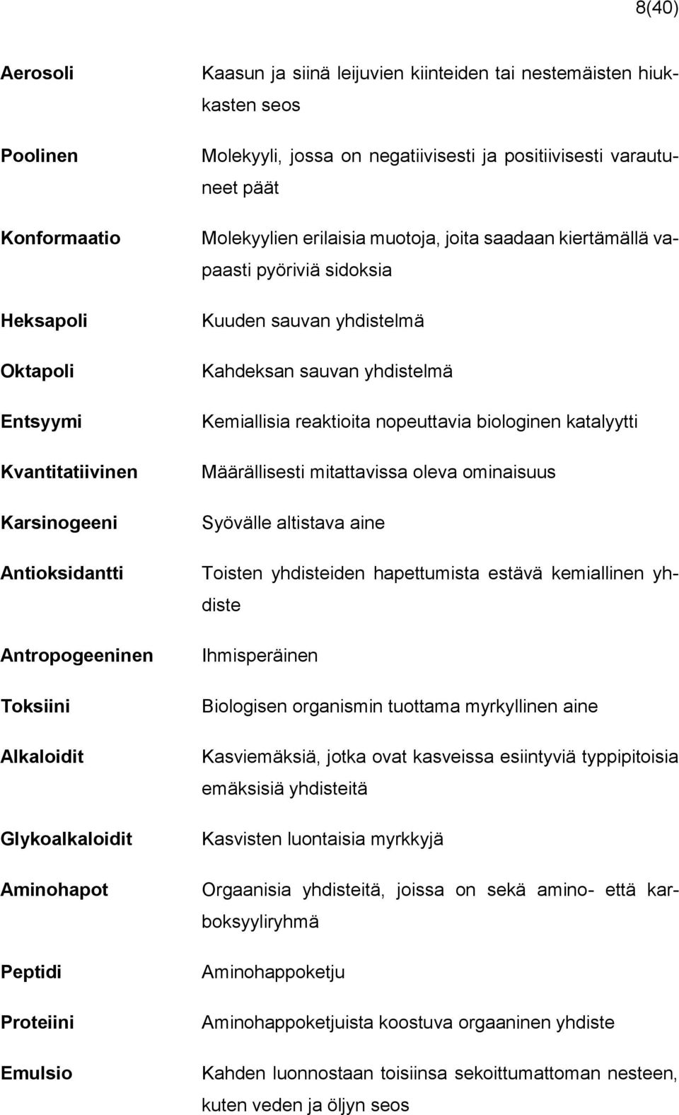 vapaasti pyöriviä sidoksia Kuuden sauvan yhdistelmä Kahdeksan sauvan yhdistelmä Kemiallisia reaktioita nopeuttavia biologinen katalyytti Määrällisesti mitattavissa oleva ominaisuus Syövälle altistava