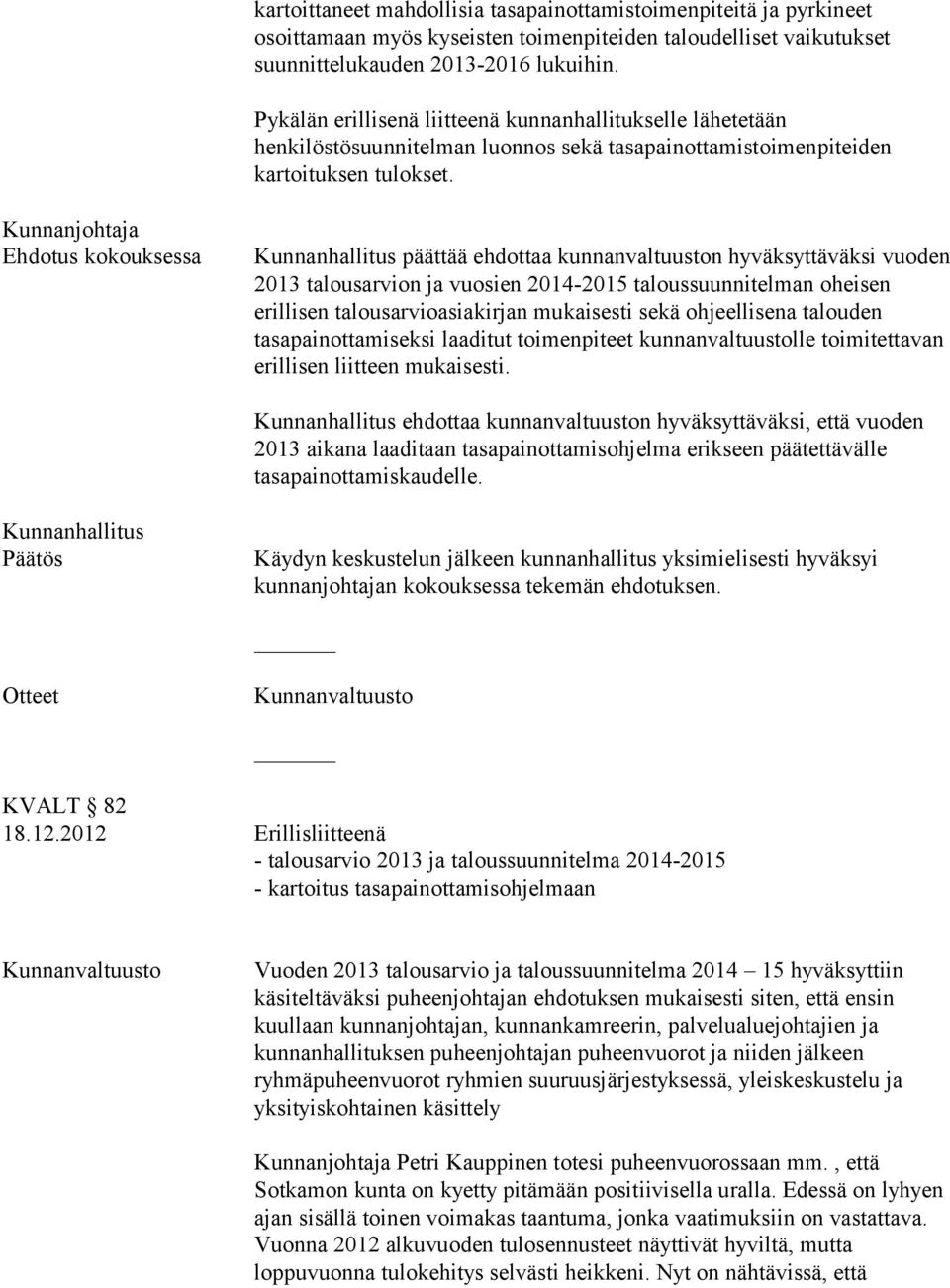 Kunnanjohtaja Ehdotus kokouksessa Kunnanhallitus päättää ehdottaa kunnanvaltuuston hyväksyttäväksi vuoden 2013 talousarvion ja vuosien 2014-2015 taloussuunnitelman oheisen erillisen