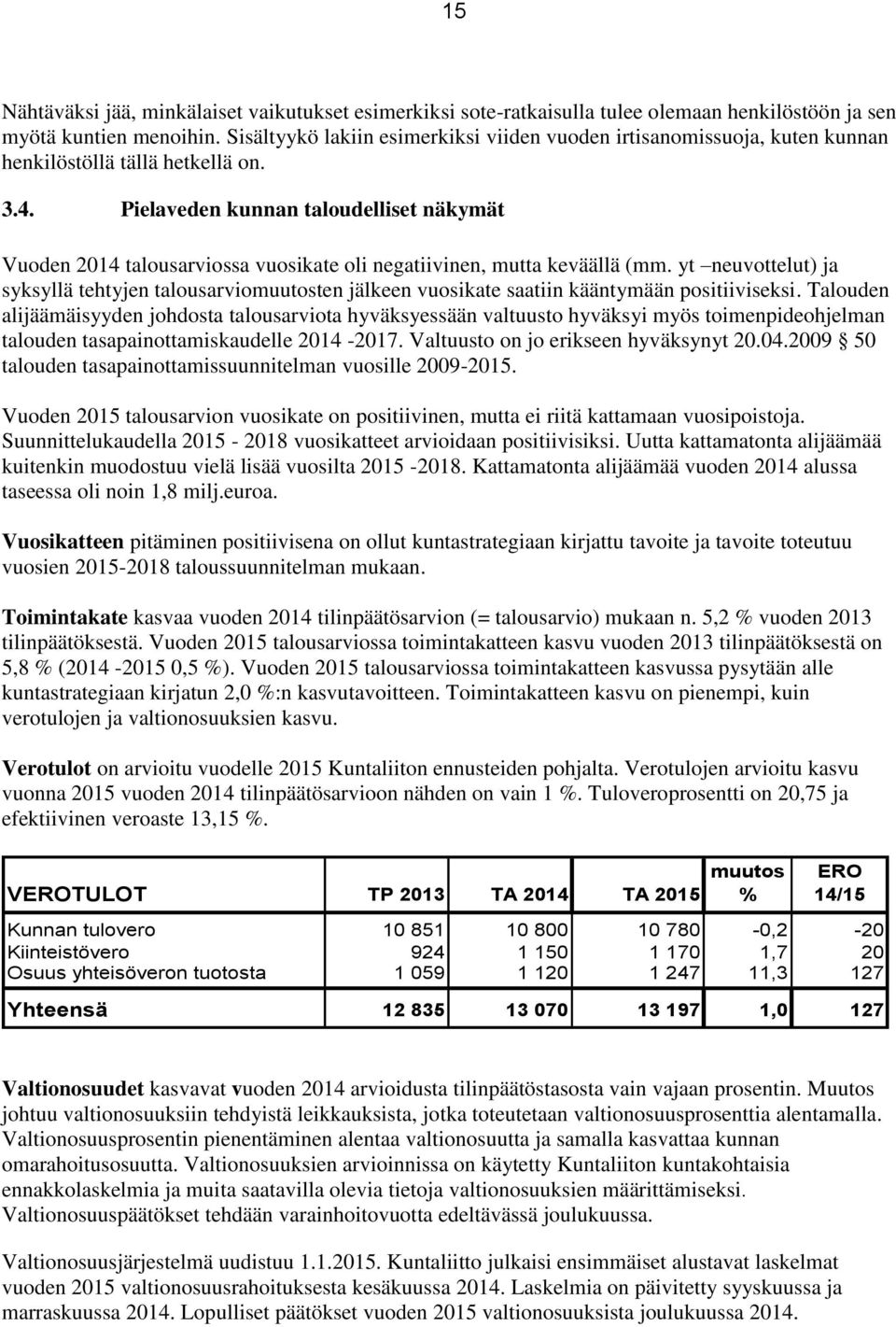 Pielaveden kunnan taloudelliset näkymät Vuoden 2014 talousarviossa vuosikate oli negatiivinen, mutta keväällä (mm.