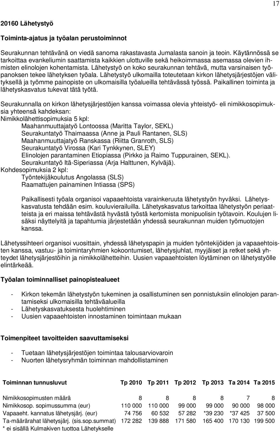 Lähetystyö on koko seurakunnan tehtävä, mutta varsinaisen työpanoksen tekee lähetyksen työala.